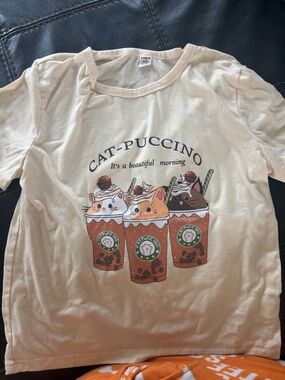 11-12Y SHEIN Cream Kids 'Cat-Puccino' Graphic Tee